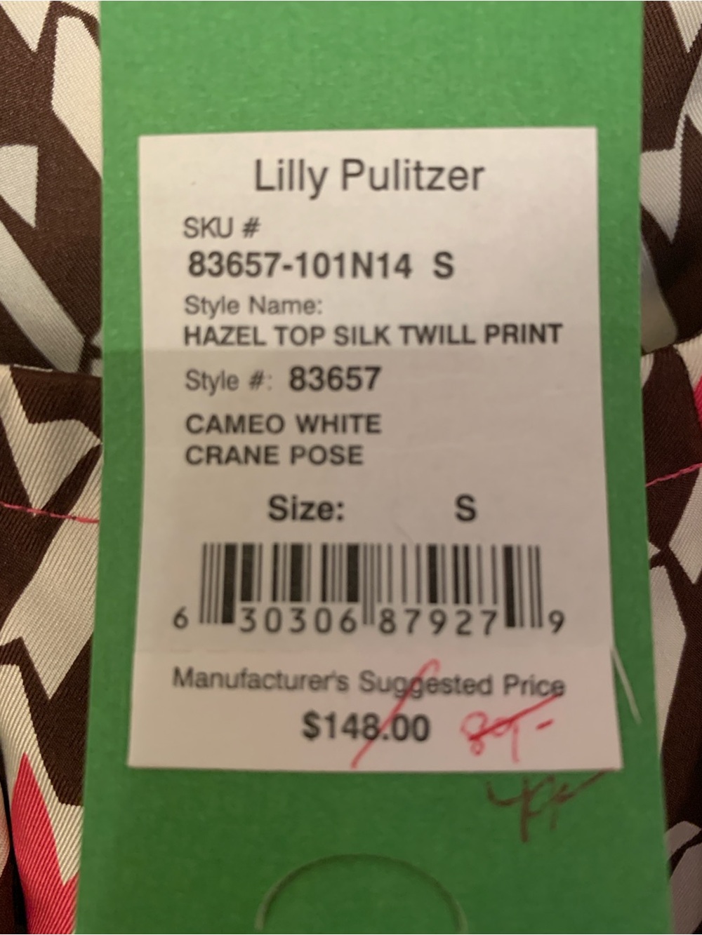 Lilly Pulitzer Brown & White Crane Pose Wrap Belt SilkTop with Pink AccentNWT S - Picture 6 of 6